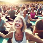 A diverse group of individuals engaging in a lively outdoor yoga session, radiating happiness and satisfaction, reflecting the positive impact of incorporating GlucoTrust into their daily health routine.