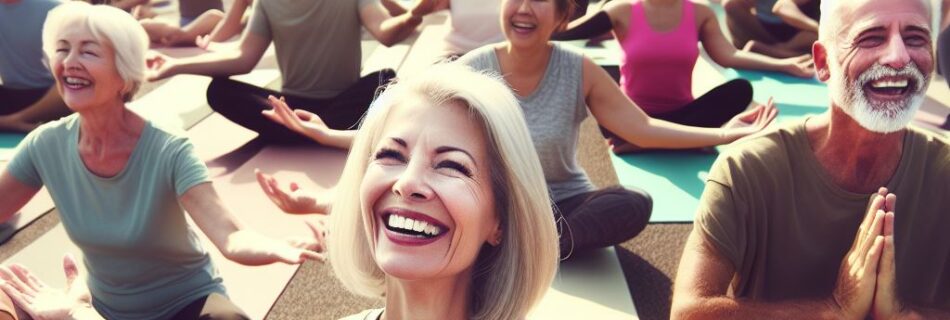 A diverse group of individuals engaging in a lively outdoor yoga session, radiating happiness and satisfaction, reflecting the positive impact of incorporating GlucoTrust into their daily health routine.