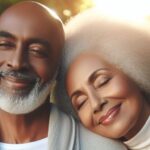 A mature couple enjoying a serene walk in a beautiful park, expressing contentment and the benefits of using supplements. Emphasize the idea of shared well-being and a fulfilling cognitive lifestyle.