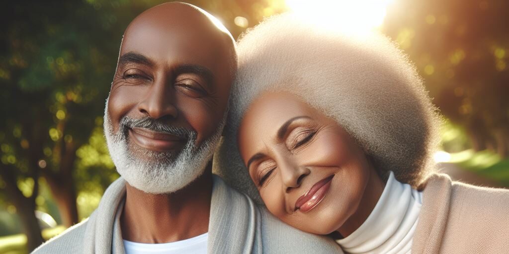 A mature couple enjoying a serene walk in a beautiful park, expressing contentment and the benefits of using supplements. Emphasize the idea of shared well-being and a fulfilling cognitive lifestyle.