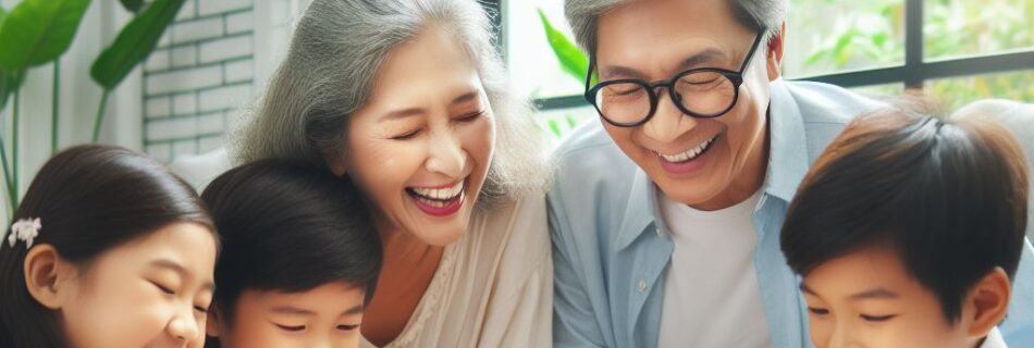 Joyful gathering of grandparents playing board games with their grandchildren. The happiness and well-being derived from incorporating GlucoTrust into their daily health regimen.