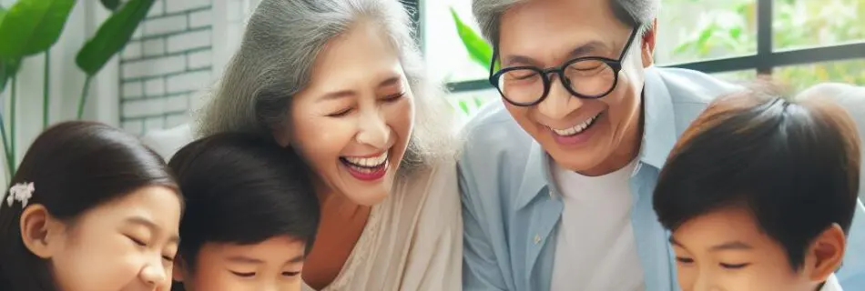 Joyful gathering of grandparents playing board games with their grandchildren. The happiness and well-being derived from incorporating GlucoTrust into their daily health regimen.