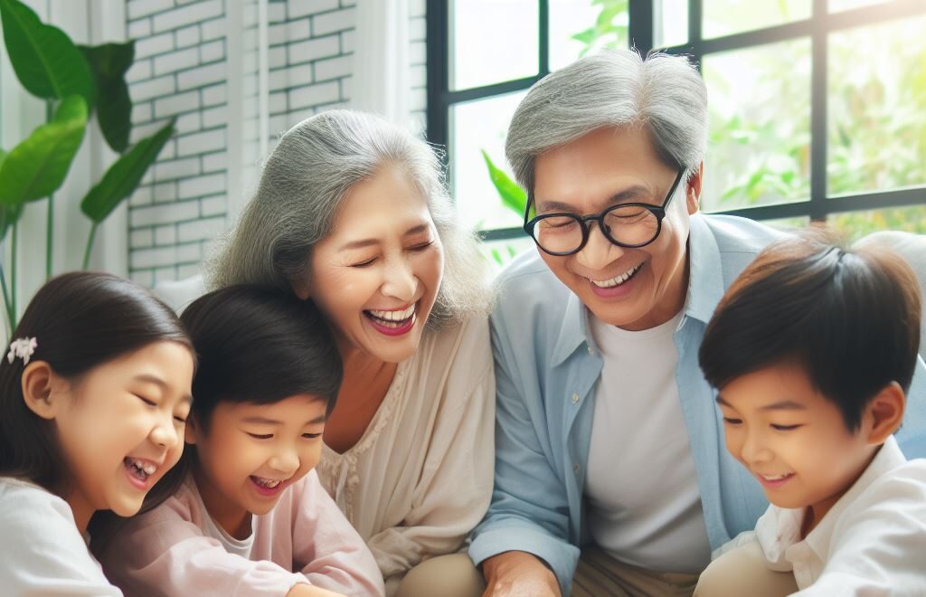 Joyful gathering of grandparents playing board games with their grandchildren. The happiness and well-being derived from incorporating GlucoTrust into their daily health regimen.