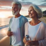 A mature couple enjoying a serene evening walk along a beautiful beach, capturing the joy and contentment that comes from maintaining a healthy lifestyle with the support of GlucoTrust.