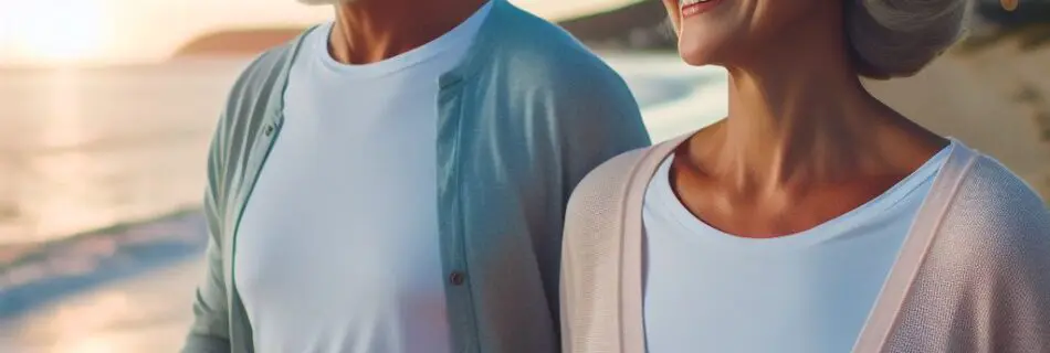 A mature couple enjoying a serene evening walk along a beautiful beach, capturing the joy and contentment that comes from maintaining a healthy lifestyle with the support of GlucoTrust.
